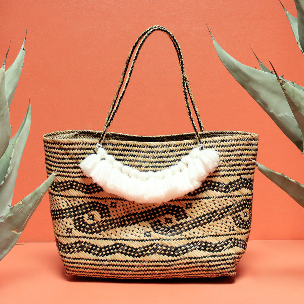 Straw Tote Bag - Hand Bag with White Roman Tassels by BrunnaCo
