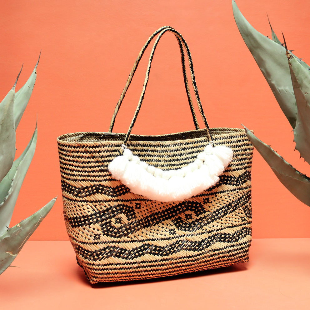 Straw Tote Bag - Hand Bag with White Roman Tassels by BrunnaCo